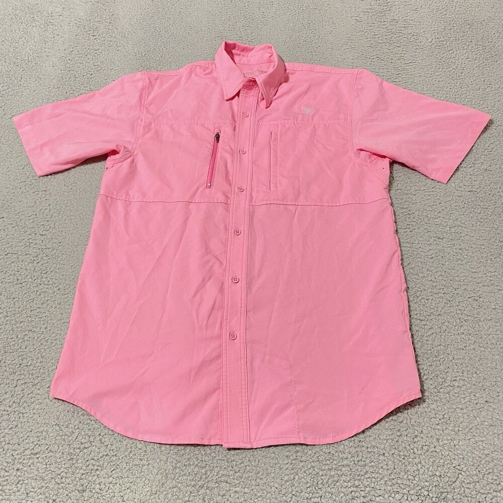 Ariat AriatTek Heat Series Fishing Shirt Mens Small Pink Short Sleeve Hiking